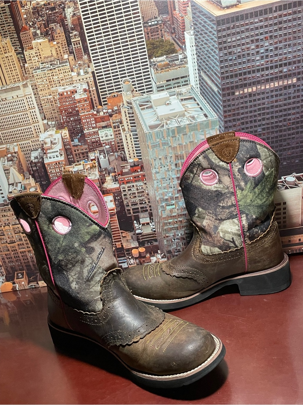 Ariat Fatbaby Western Camo Brown Leather Ranch Cowboy Boots 10006854 Womens 10 B - Picture 2 of 11